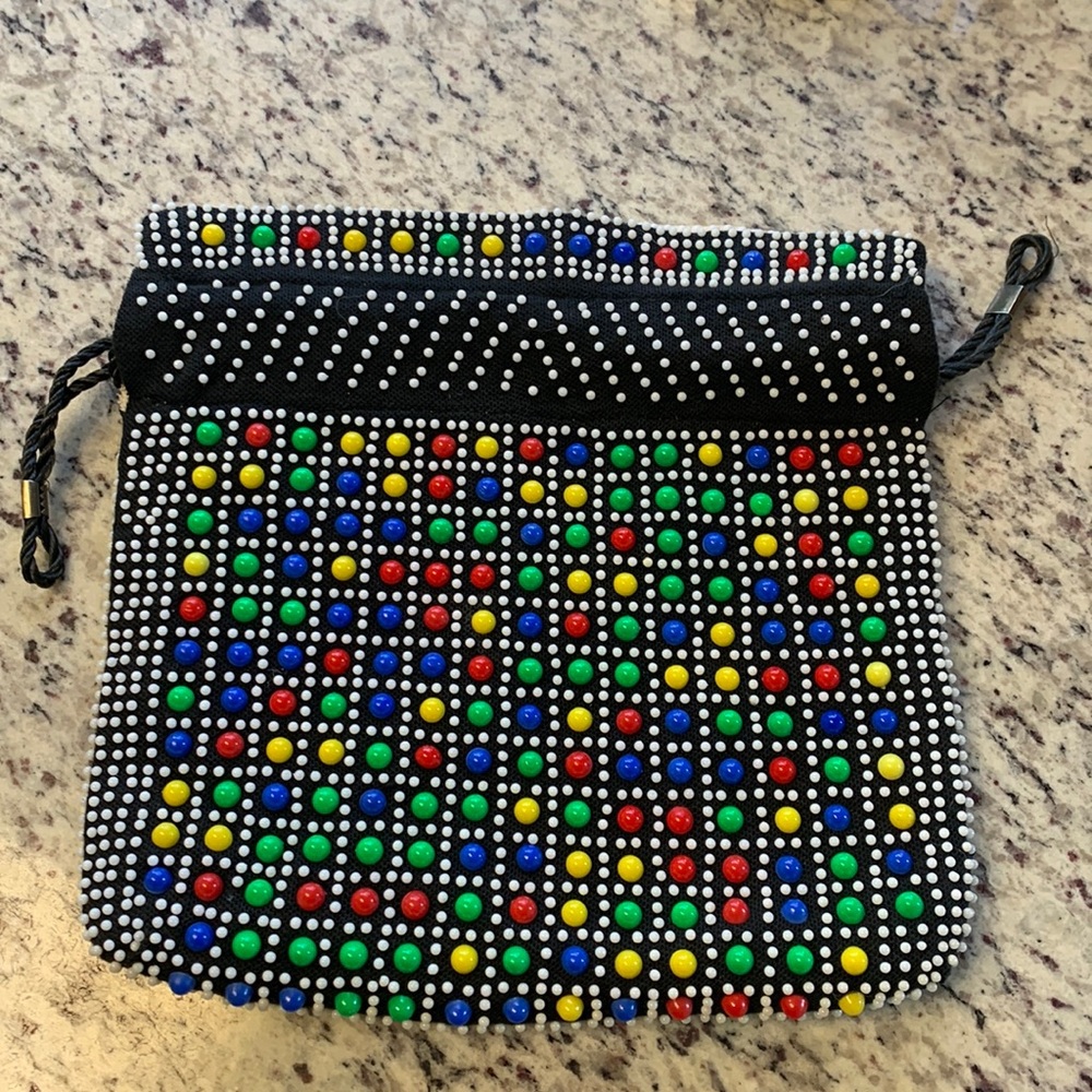 Vintage Drawstring Reversible Plastic Beaded Bag - image 1